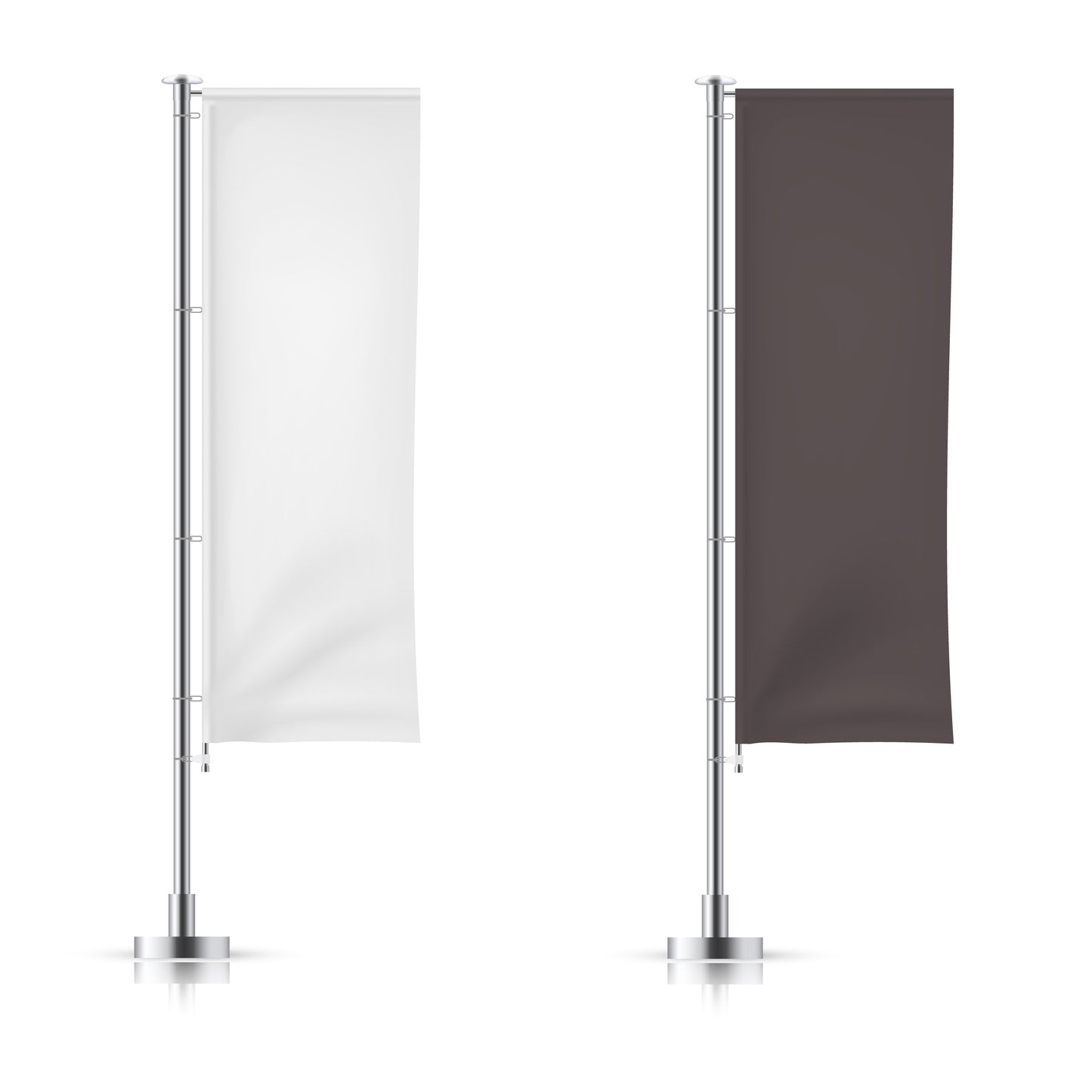 Two vertical banner stands with white and gray banners on a white background