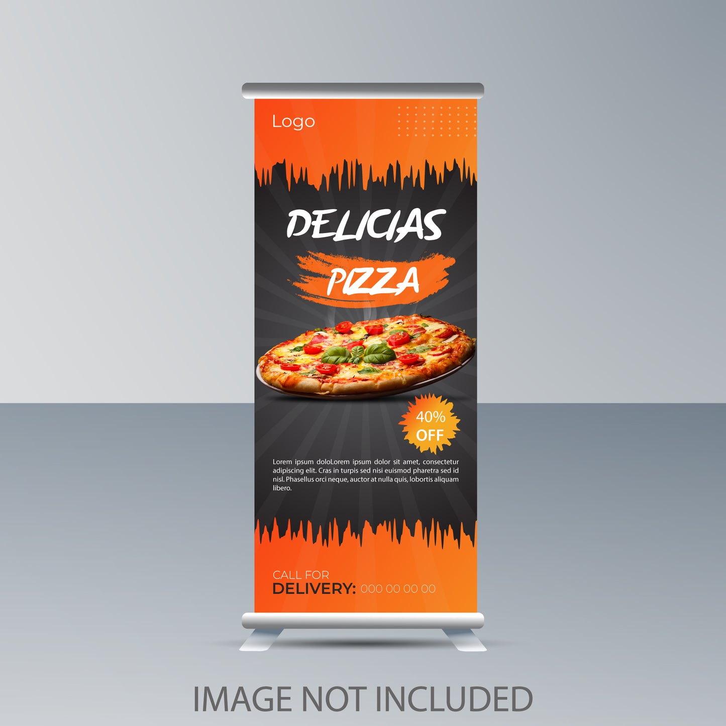 Delicias Pizza roll-up banner with pizza image and promotional text on an orange and black background.