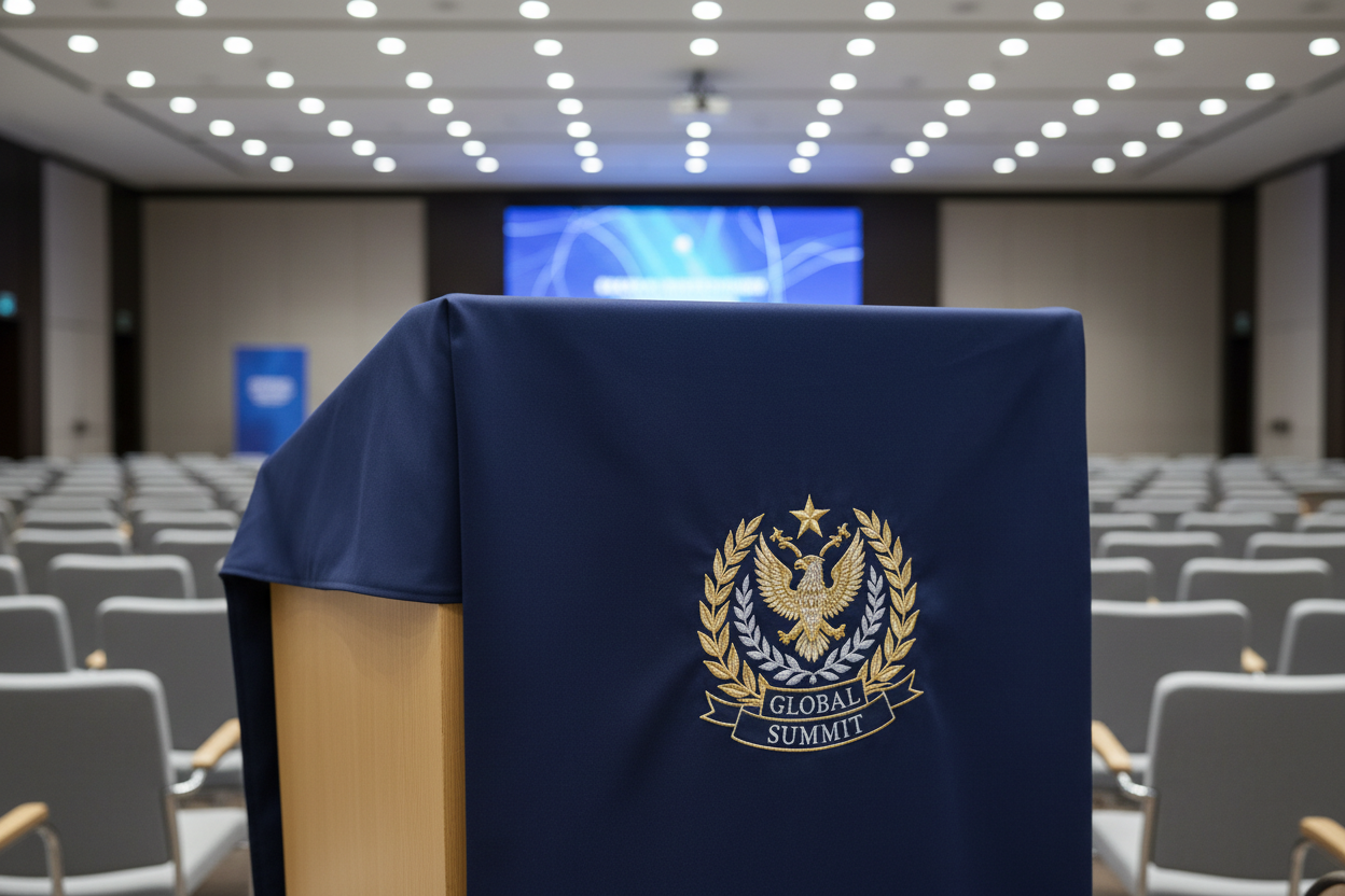 custom-fitted covering protects your podium's surface while prominently displaying your logo, message, or design