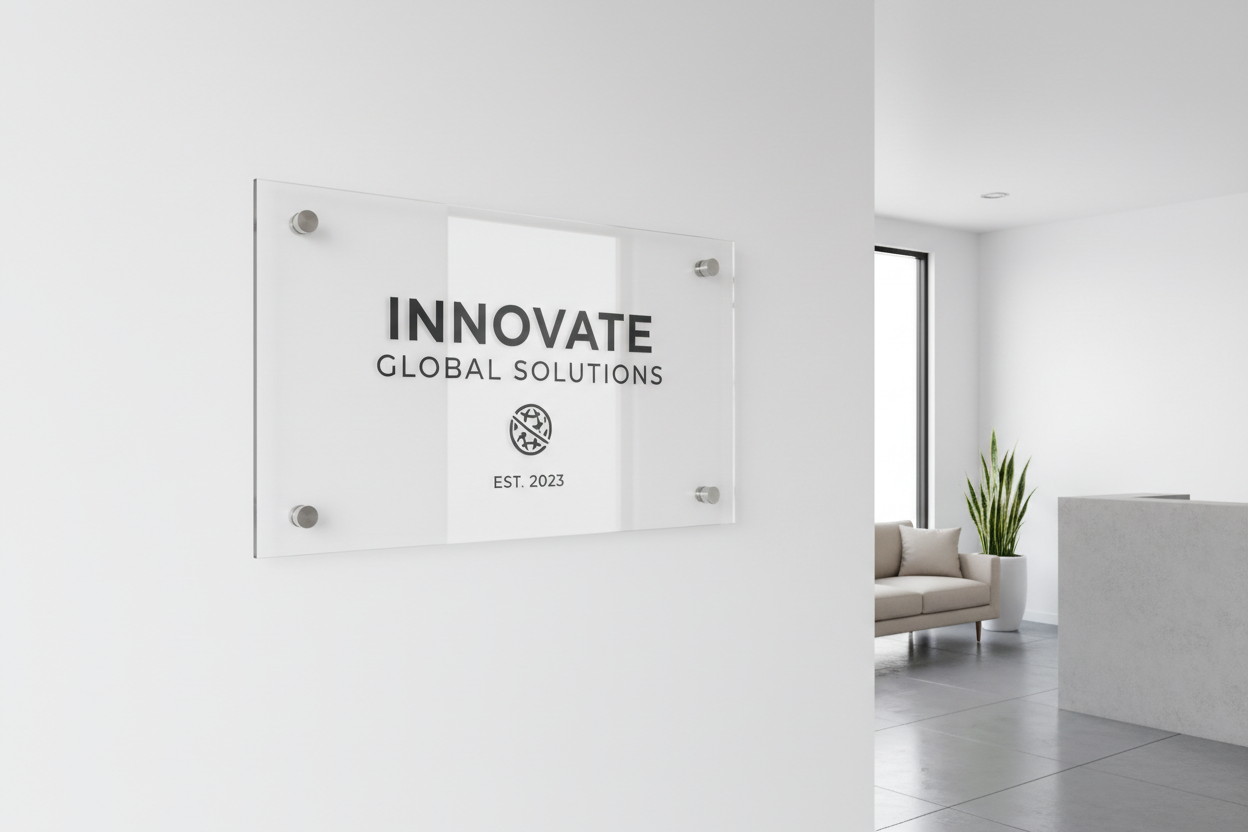 Polished acrylic lobby sign with standoffs for a clean, modern look.