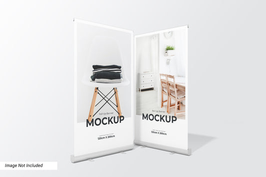 Two-sided banner with two mockup photos of furniture and clothing