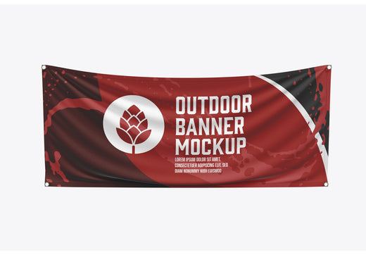 Red outdoor banner mockup with a white logo and text on a white background