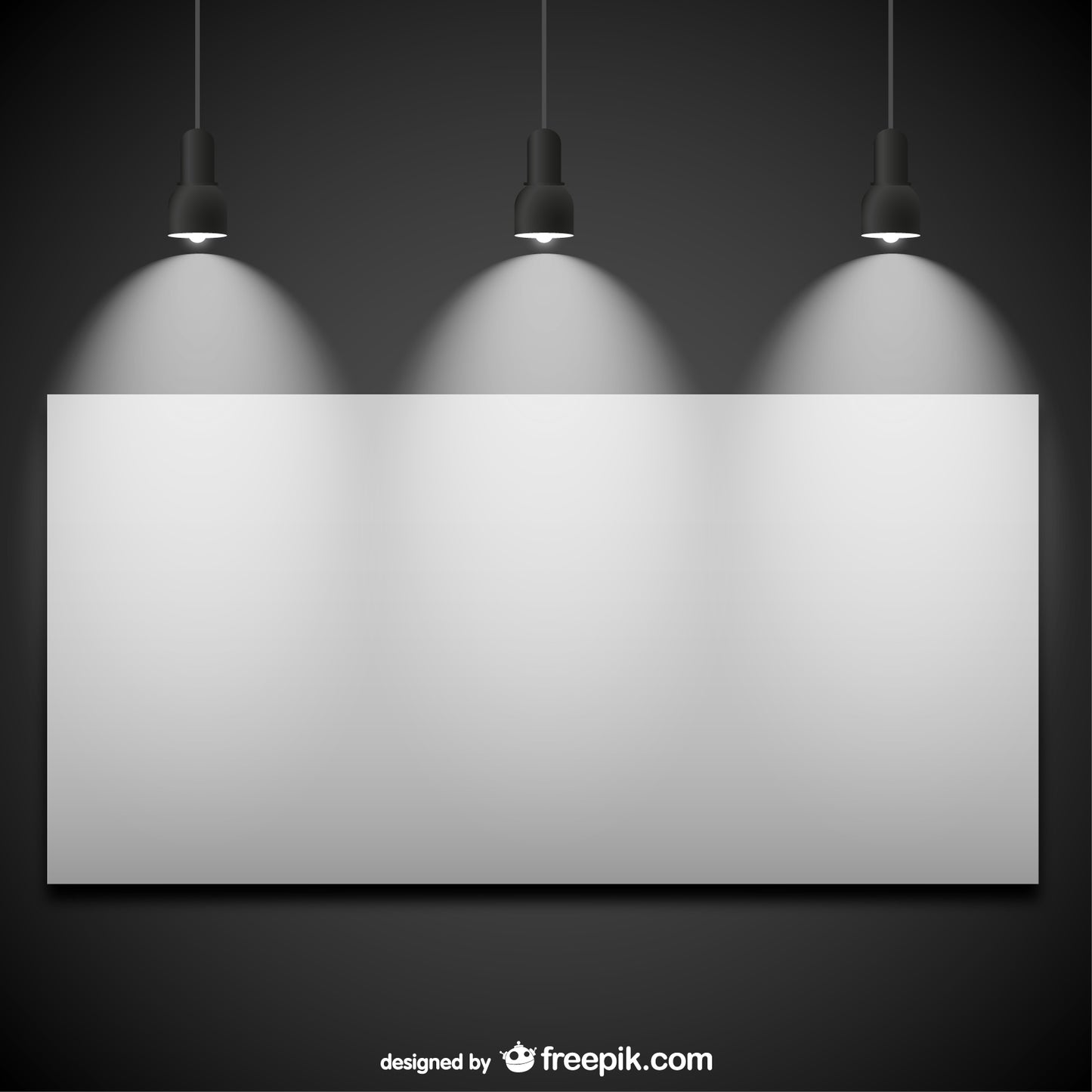 Three hanging lights illuminating a white rectangular panel on a dark background