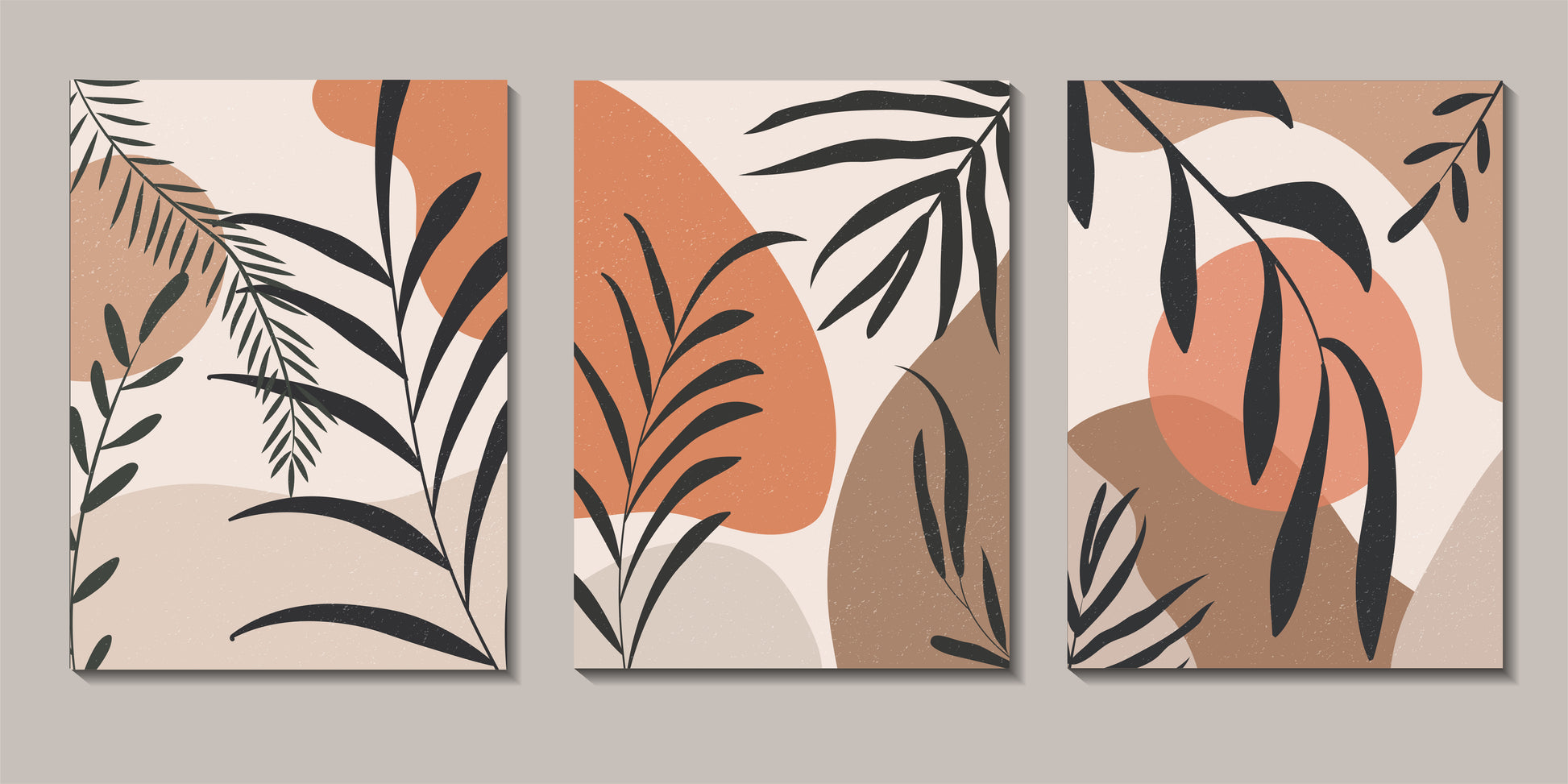 Three abstract wall art panels with leaf patterns on a beige background