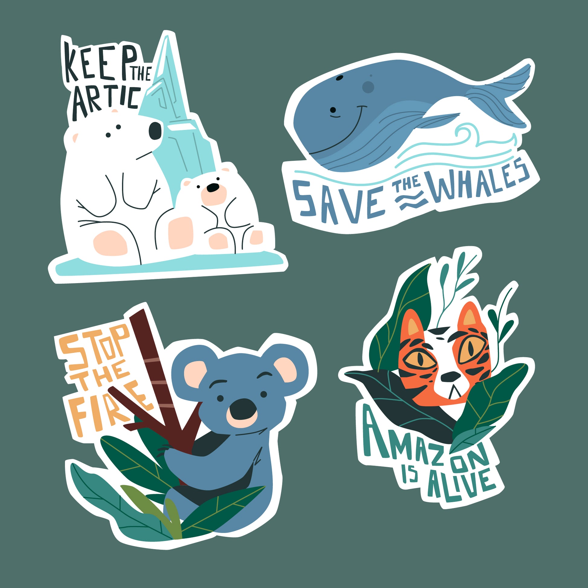 Four different stickers with the text 'Keep the Artic', 'Save the Whales', 'Stop the Fire' and 'Amazon is Alive'