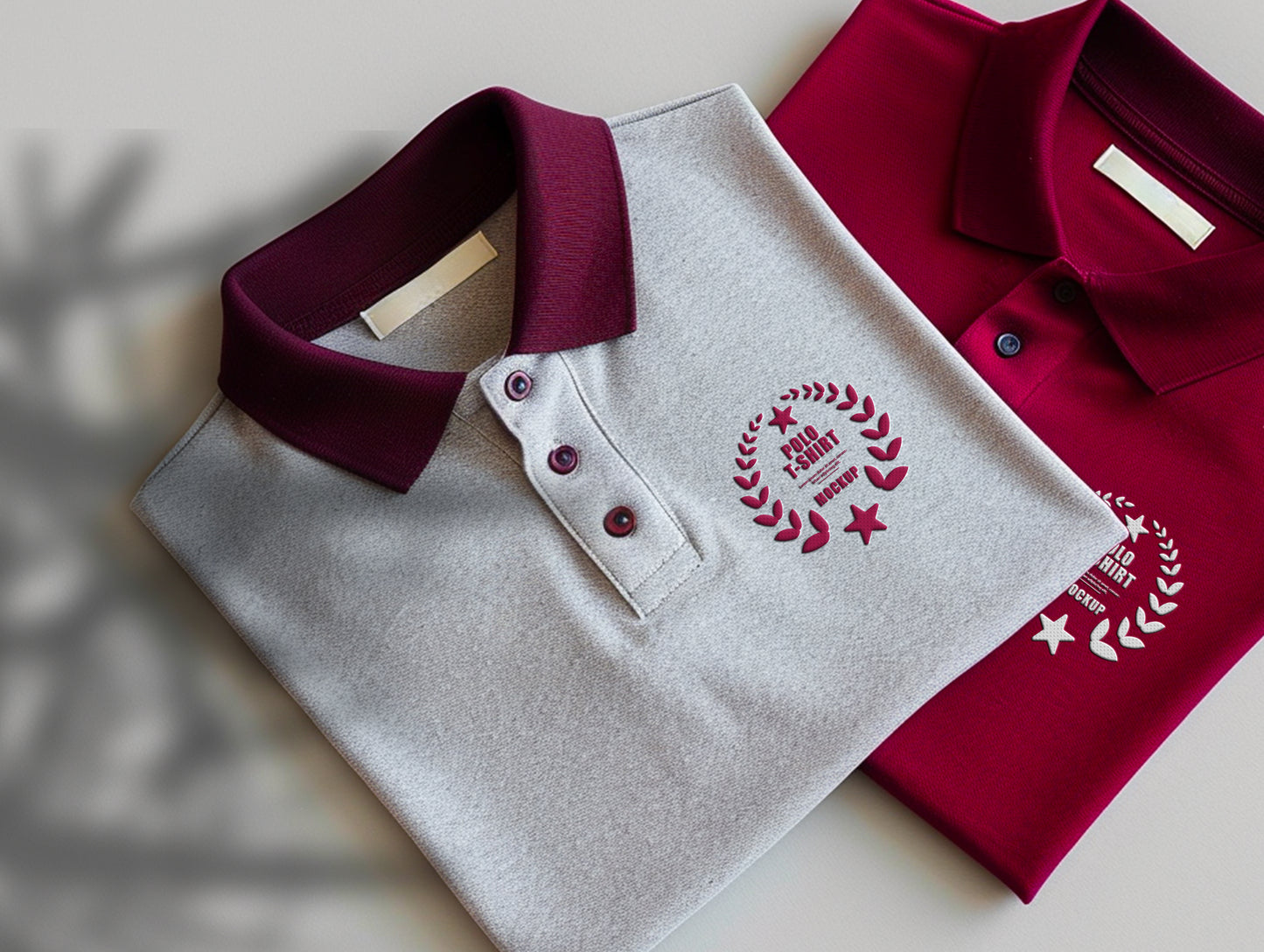 A red and grey embroidered polo shirt with the text 'Polo T-shirt' on it