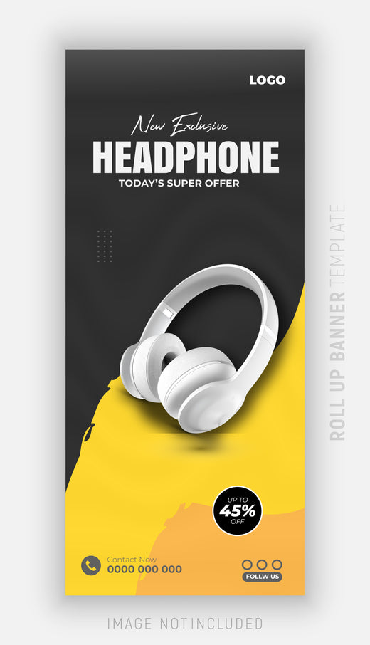 Black and yellow fabric stand with white headphones on it