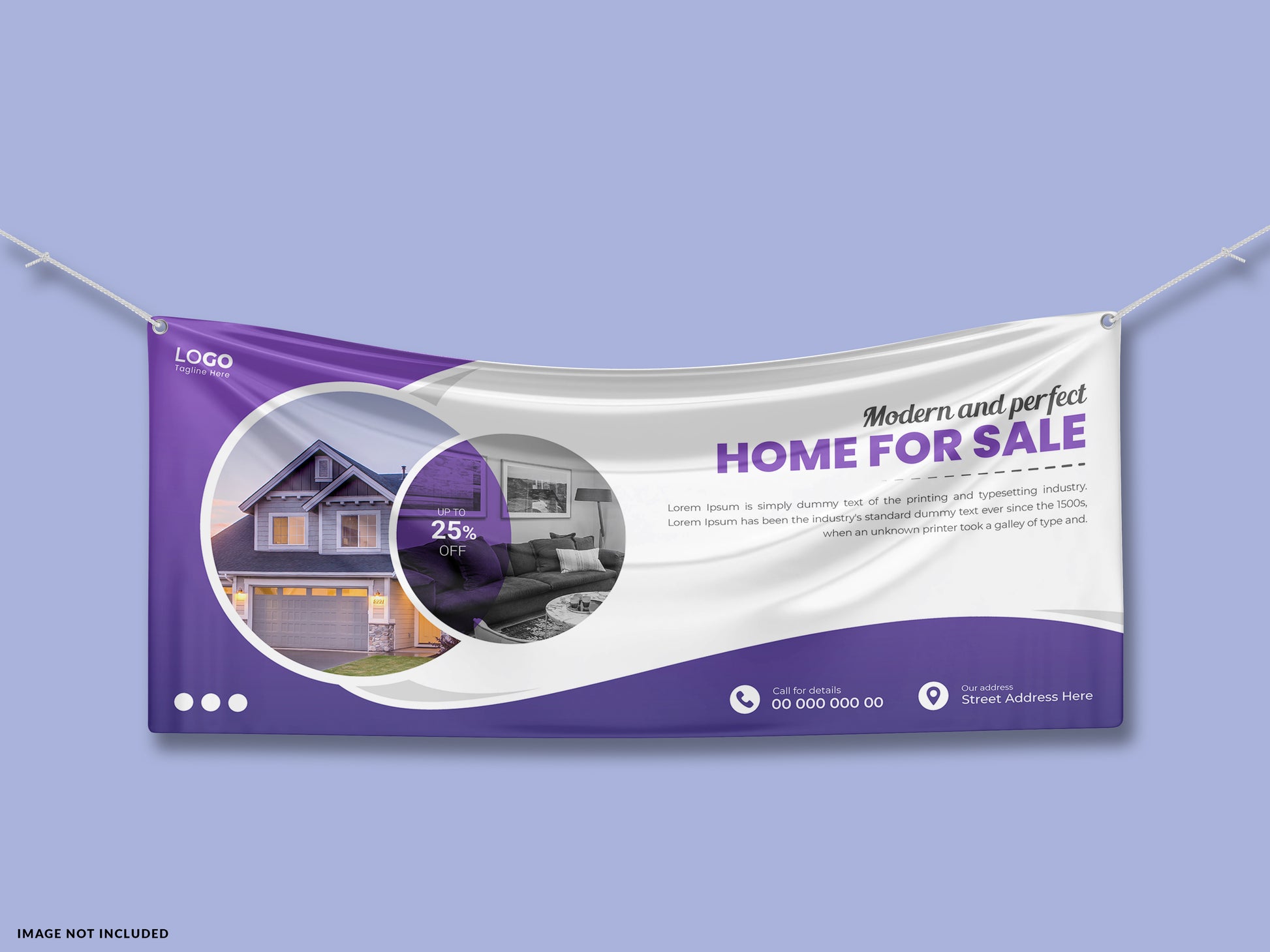 Real estate banner with house image and text on a purple and white background
