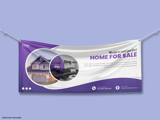 Real estate banner with house image and text on a purple and white background