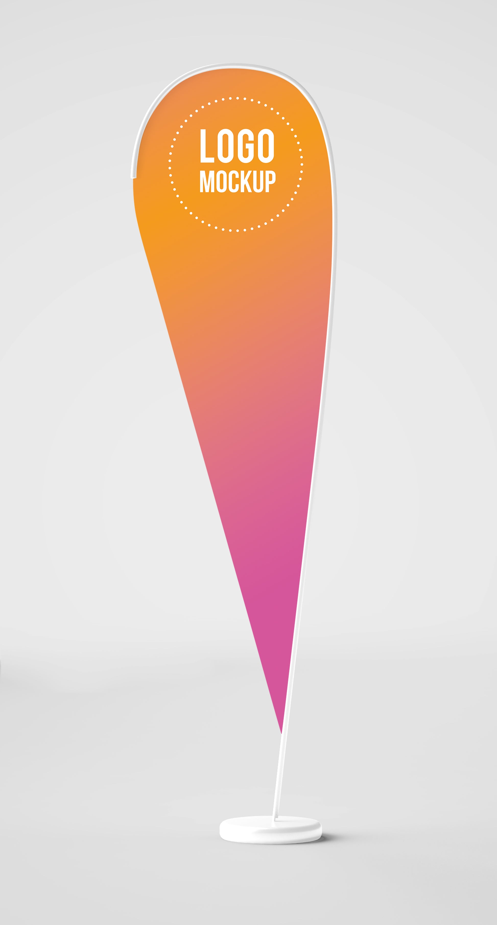 Teardrop flag with an orange and pink radient with the text "Logo Mockup" on it