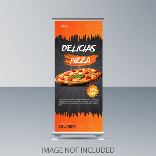 Delicias Pizza roll-up banner with pizza image and promotional text on an orange and black background.