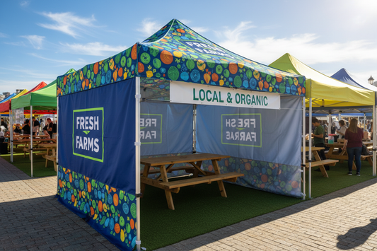 Full-color printed 10x10 canopy tent built for markets, fairs, and pop-ups.