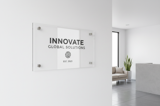 Polished acrylic lobby sign with standoffs for a clean, modern look.